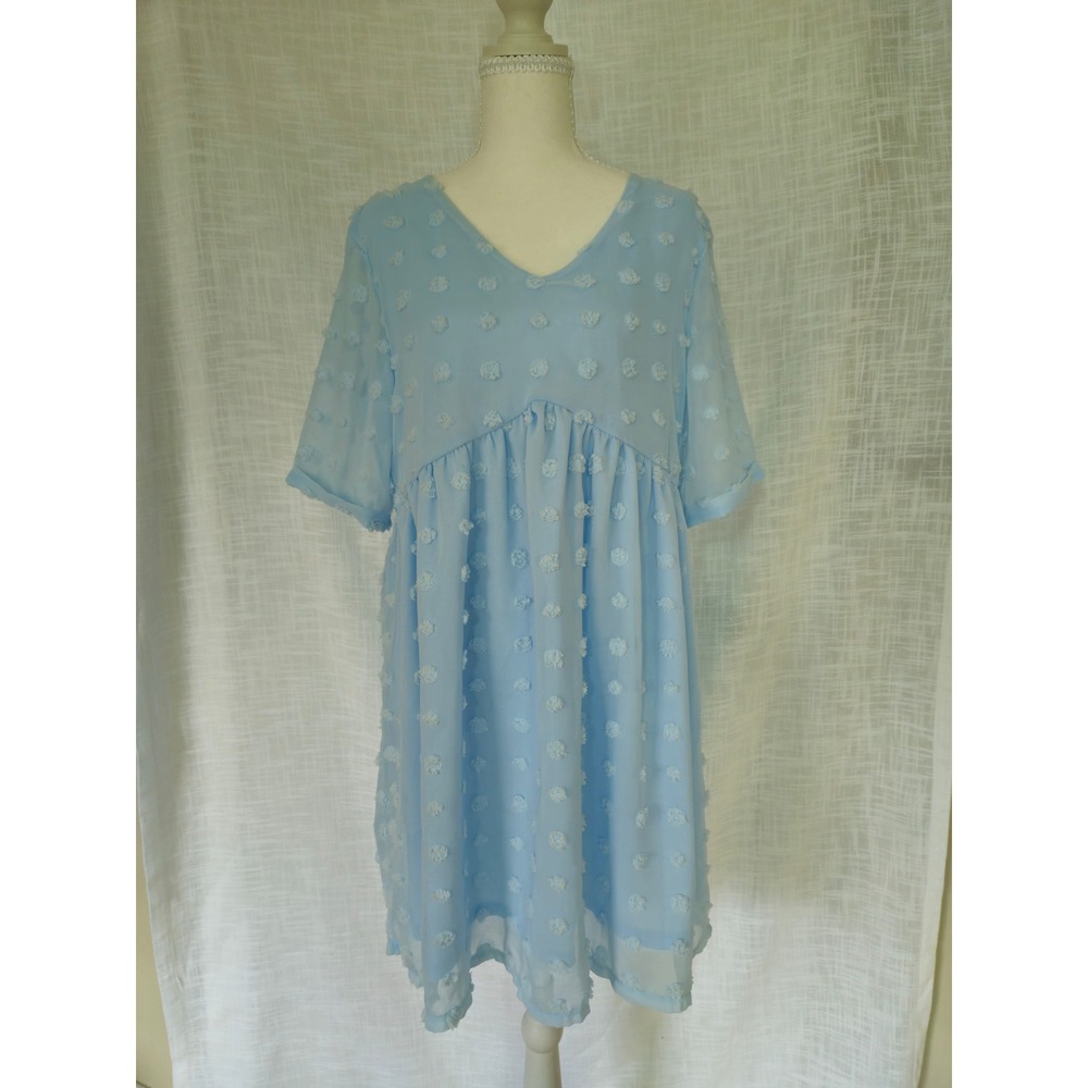 Babydoll Dress Womens M Light Blue Swiss Dot Pom Pom Fairy Coquette Romantic